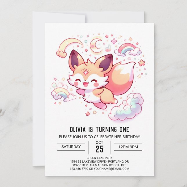 Eleganter Forest Fox 1. Geburtstag Einladung (Vorderseite)