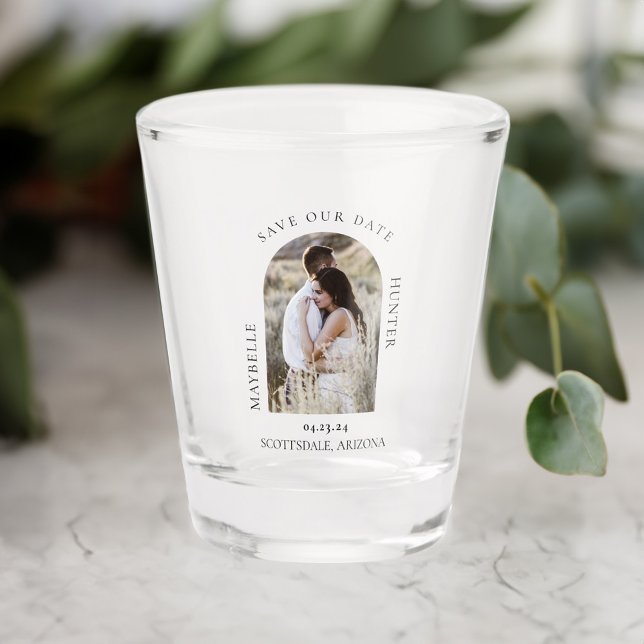 Eleganter Foto-Bogenrahmen Save the Date Schnapsglas (Elegant Photo Arch Frame Save The Date Shot Glass)