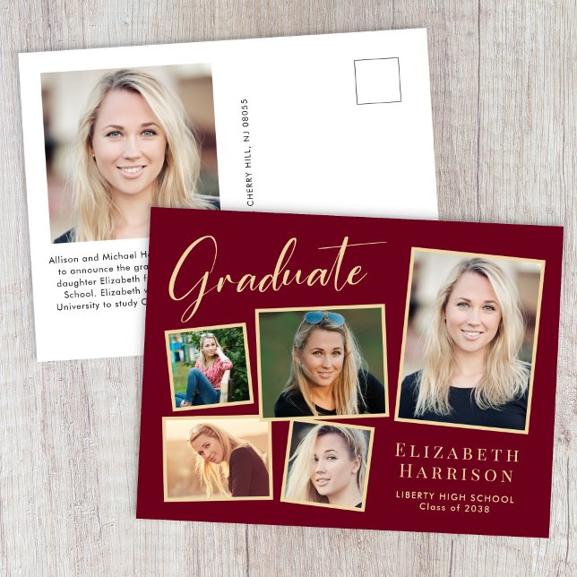 Eleganter Foto Collage Burgundy Gold Abschluss Ankündigungspostkarte (Elegant Photo Collage Burgundy Gold Graduation Announcement Postcard)