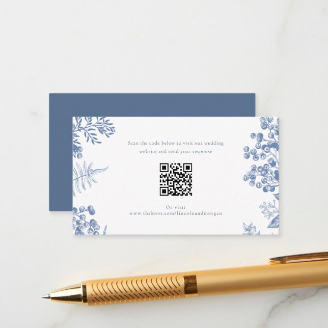 Eleganter französischer QR-Code für Blue Floral We Begleitkarte (Vorderseite/Rückseite Beispiel)