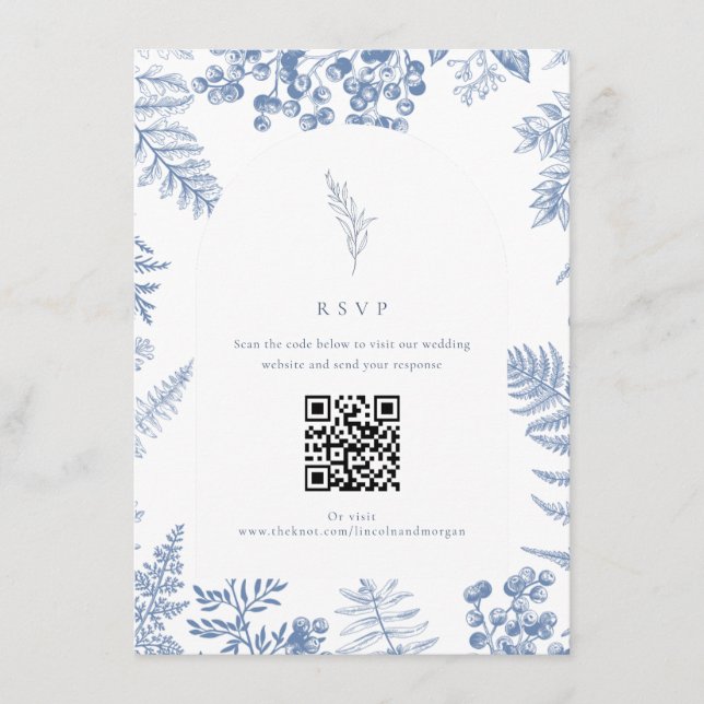Eleganter französischer QR-Code für Blue Floral We Begleitkarte (Vorderseite)