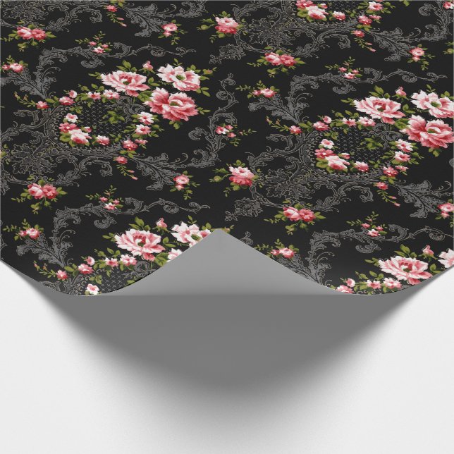 Eleganter französischer Rokoko floral-schwarzer Hi Geschenkpapier (Ecke)