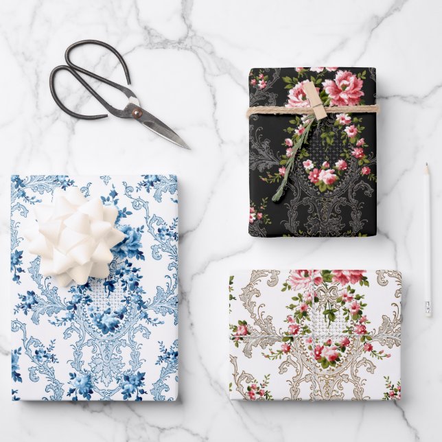 Eleganter französischer Rokoko floralweiß, schwarz Geschenkpapier Set (Vorderseite)
