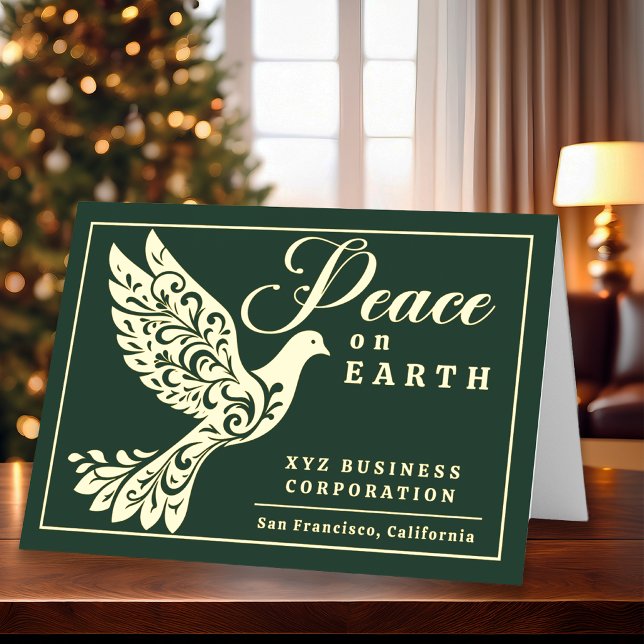 Eleganter Frieden auf Erden Tauben Geschäft (Elegant gold foil dove Peace on Earth business Christmas card on a rich deep fir green background.)