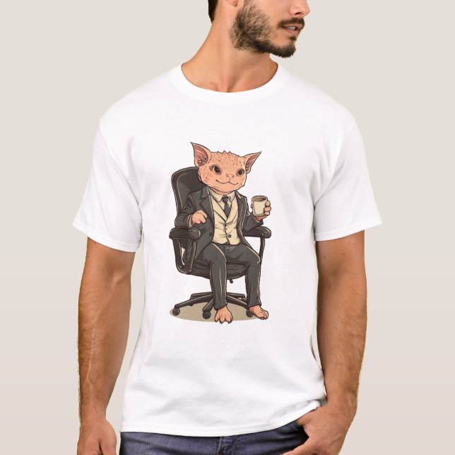 Eleganter Friseur Business Cat mit Kaffee - Büro T-Shirt (Vorderseite)