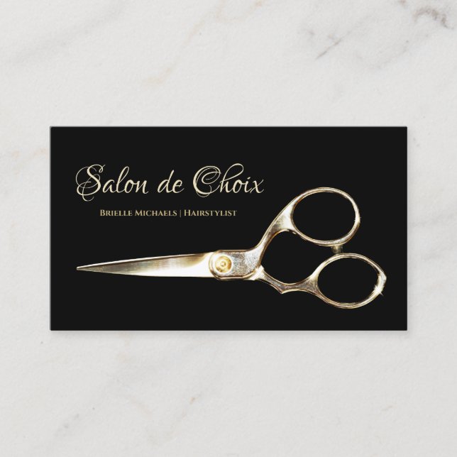 Eleganter Friseur Salon Gold Haare Stylist Scheren Visitenkarte (Vorderseite)