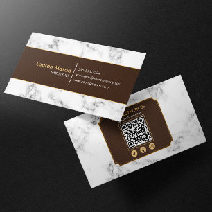 Eleganter Friseursalon Brown Gold Marble QR Code Visitenkarte
