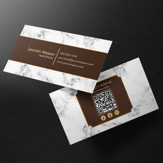 Eleganter Friseursalon Brown Gold Marble QR Code Visitenkarte (Von Creator hochgeladen)