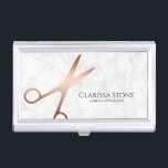 Eleganter Friseursalon der modernen Rose Visitenkarten Dose<br><div class="desc">Modernes und elegantes Design für Friseure mit Imitaten Rose Goldschere,  weißem Marmor und elegantem Kalligraphie-Schriftart.</div>