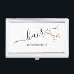Eleganter Friseursalon der modernen Rose Visitenkarten Dose<br><div class="desc">Modernes und elegantes Design für Friseursalons mit Imitaten Rose Goldschere und elegantem Kalligraphie-Schriftart.</div>