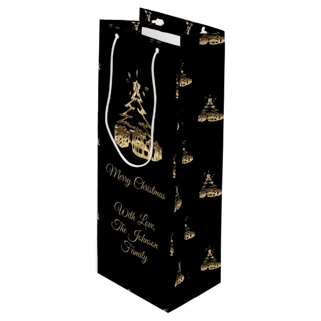Eleganter froher Weihnachtsbaum Schwarz und Gold L Geschenktüte Für Weinflaschen (Vorderseite Schrägansicht)