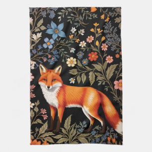 Eleganter Fuchs in Schwarz mit farbenfrohen Blumen Geschirrtuch