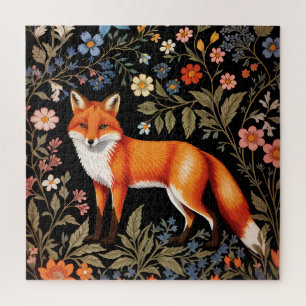 Eleganter Fuchs Schwarzes Farbige Blumenmuster Puzzle