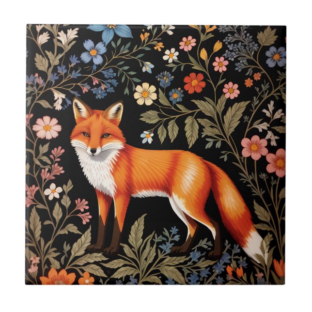 Eleganter Fuchs Schwarzes Farbintensives Floraldes Fliese (Vorderseite)