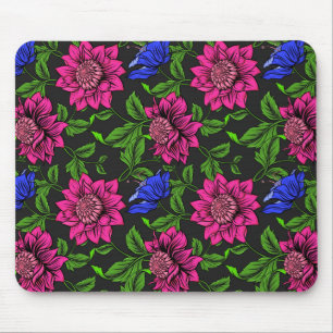 Eleganter Fuchsia & Blue Blume Schwarzer Hintergru Mousepad
