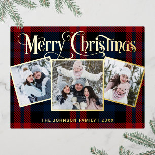 Eleganter Funkeln Weihnachten 3 FOTO Grußkarte Gol Folien Feiertagspostkarte