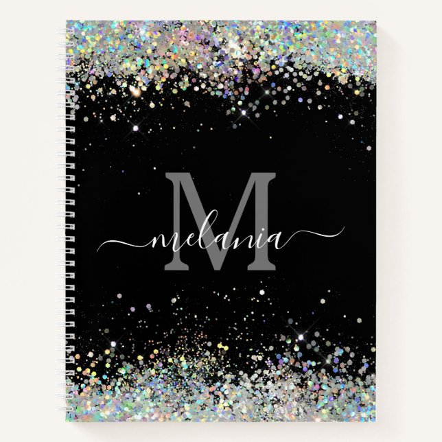 Eleganter Funkelnd Glitzer Black Monogram Notizbuch (Vorderseite)