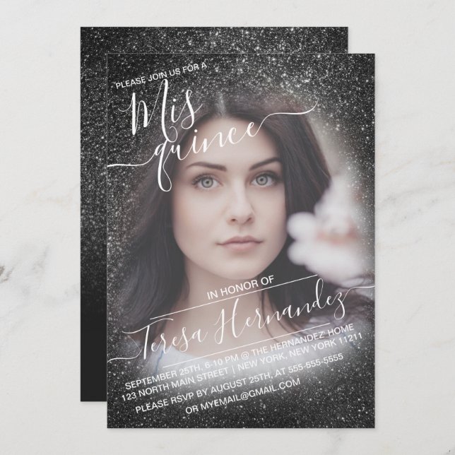 Eleganter Funkelnd Glitzer Foto Quinceañera Einladung (Vorne/Hinten)