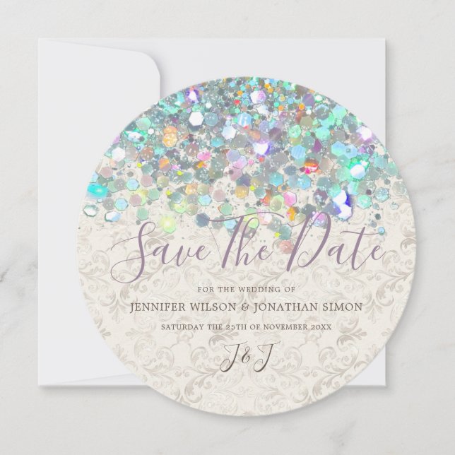 Eleganter Funkelnd Glitzer Holografie Modernes Elf Save The Date (Vorderseite)