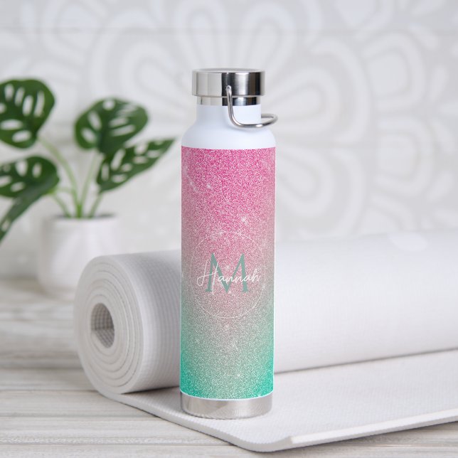 Eleganter funkelnder Glitzer Pink Mint Gradient Trinkflasche (Yoga)