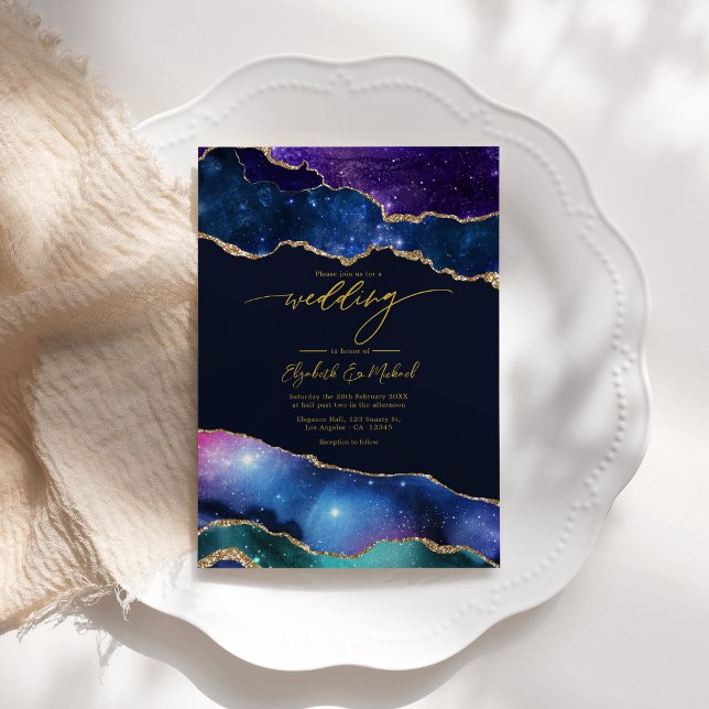 Eleganter Galaxy Blue, Lila & Gold Agate QR Code Einladung (Elegant Galaxy Blue, Purple & Gold Agate QR Code Invitation)