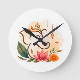 Eleganter Ganesha-Lotus-Diwali Runde Wanduhr