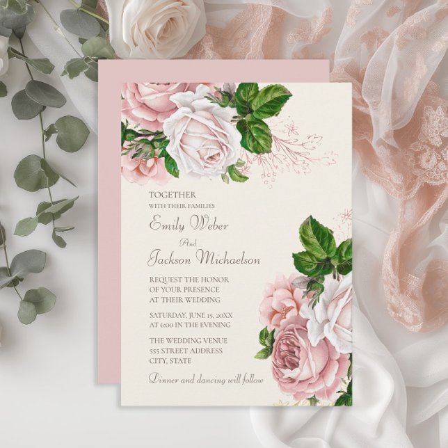 Eleganter Garten Blush Pink Bläsercreme Hochzeit Einladung (Elegant blush pink vintage floral wedding invitation)