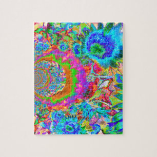 Eleganter Garten mit abstrakt rosa blauen Blumen Puzzle