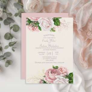 Eleganter Garten Rosa Florale Rosen Creme Hochzeit Einladung