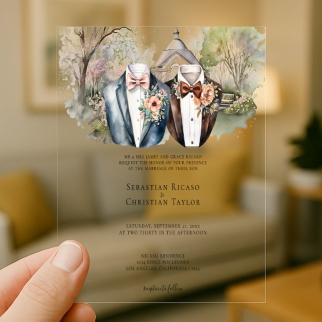 Eleganter Gay Garden Hochzeit von zwei Hochhäusern Acryleinladungen (Elegant Gay Garden Wedding Two Grooms in Suits Acrylic Invitations by Ricaso. Same sex weddings)