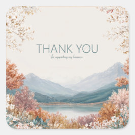 Eleganter Gebirgssee-Blüten-Goldrahmen-Landschaft Quadratischer Aufkleber