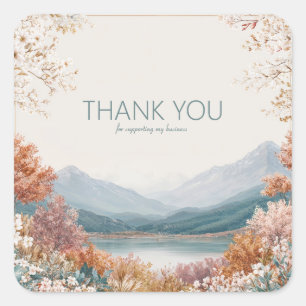 Eleganter Gebirgssee-Blüten-Goldrahmen-Landschaft Quadratischer Aufkleber