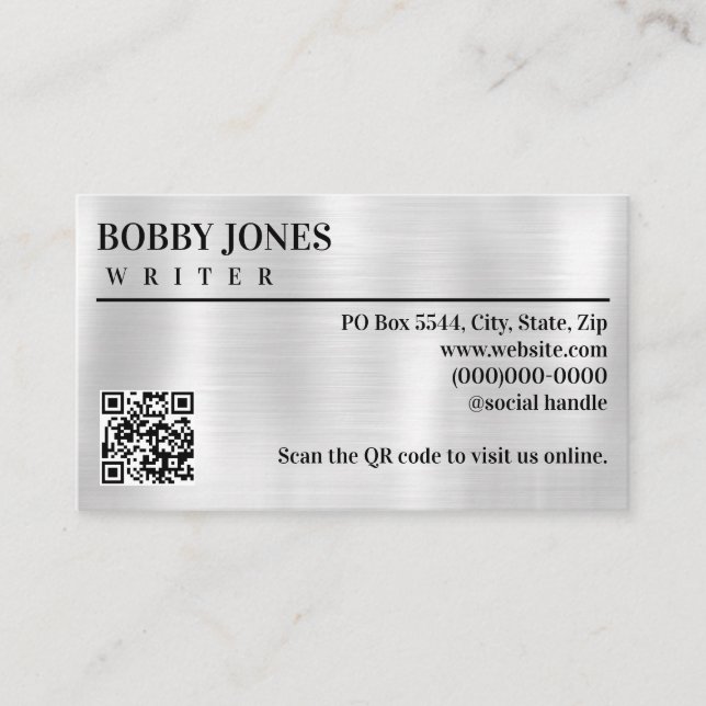 Eleganter, gebürsteter Silber Foil Metallic QR Cod Visitenkarte (Vorderseite)