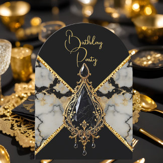 Eleganter Geburtstag Schwarz-weiß Marble Gold Jewe Einladung