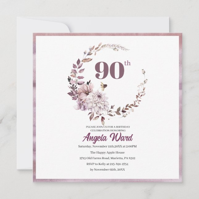 Eleganter Geburtstagsfeier Blumenbeete 90. Glitzer Einladung (Vorderseite)