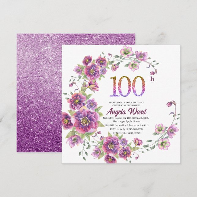 Eleganter Geburtstagsfeier Blumenkohl Glitzer 100 Einladung (Vorne/Hinten)