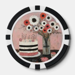 Eleganter Geburtstagskuchen und Gerbera-Blüten Pokerchips