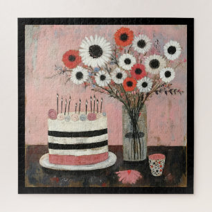 Eleganter Geburtstagskuchen und Gerbera-Blüten Puzzle
