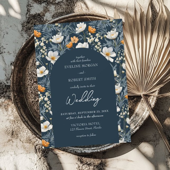 Eleganter Gelb- und Weißmarsch der Blume Einladung (Elegant yellow and white wild flowers navy arch invitation)