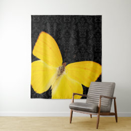 Eleganter gelber Schmetterling schwarzer Damast-Te Wandteppich
