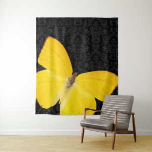 Eleganter gelber Schmetterling schwarzer Damast-Te Wandteppich