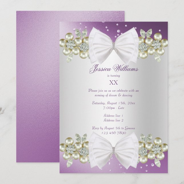 Eleganter Gems & Bow Lila Geburtstag Einladung (Vorne/Hinten)