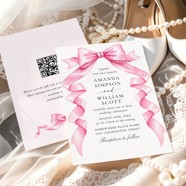 Eleganter Gentle Pink Hand Drawn Bow Wedding QR Co Einladung (Von Creator hochgeladen)