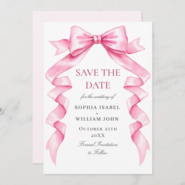 Eleganter Gentle Pink Hand Drawn Bow Wedding QR Co Save The Date (Vorne/Hinten)