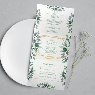 Eleganter geometrischer Rahmen grün | Hochzeit von Dreifach Gefaltete Einladung