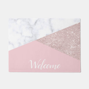 Eleganter Girl-Rose-Gold-Glitzer aus weißem Marmo Fußmatte