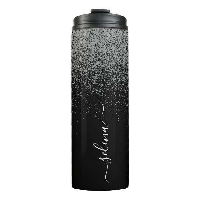 Eleganter Girly Black Silver Glitzer Mit Monogramm Thermosbecher (Vorderseite)