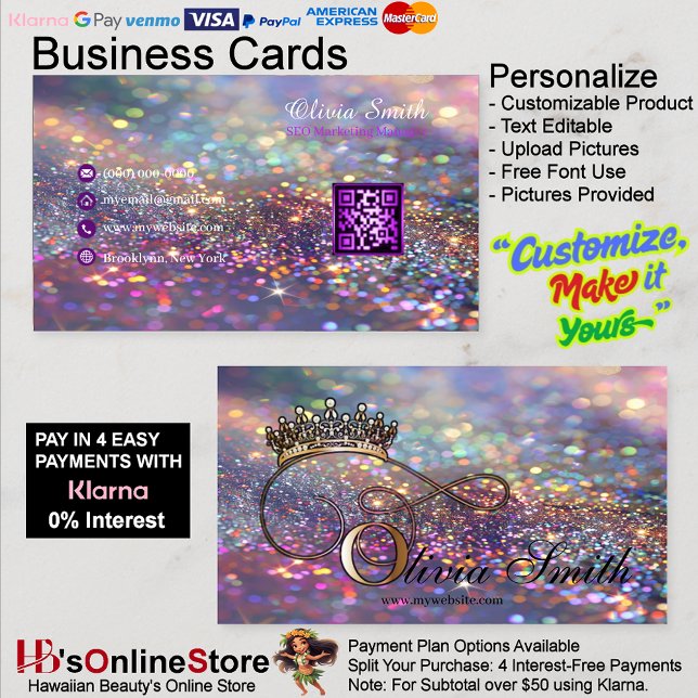 Eleganter Girly Crown Colorful Glitzer QR Code Visitenkarte (Elegant Girly Crown Colorful Glitter QR Code Business Card 23.)