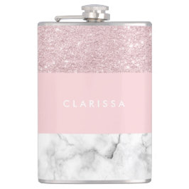 Eleganter girly RosengoldGlitter u. weißer Marmor Flachmann
