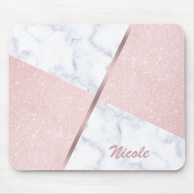 Eleganter girly RosengoldGlitter u. weißer Marmor Mousepad (Vorne)